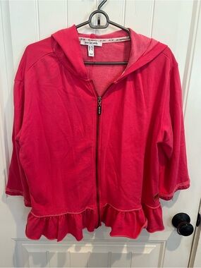 Peace Love World Hot Pink Ruffle Hem Hoodie zip front sweatshirt XS 3/4 sleeve